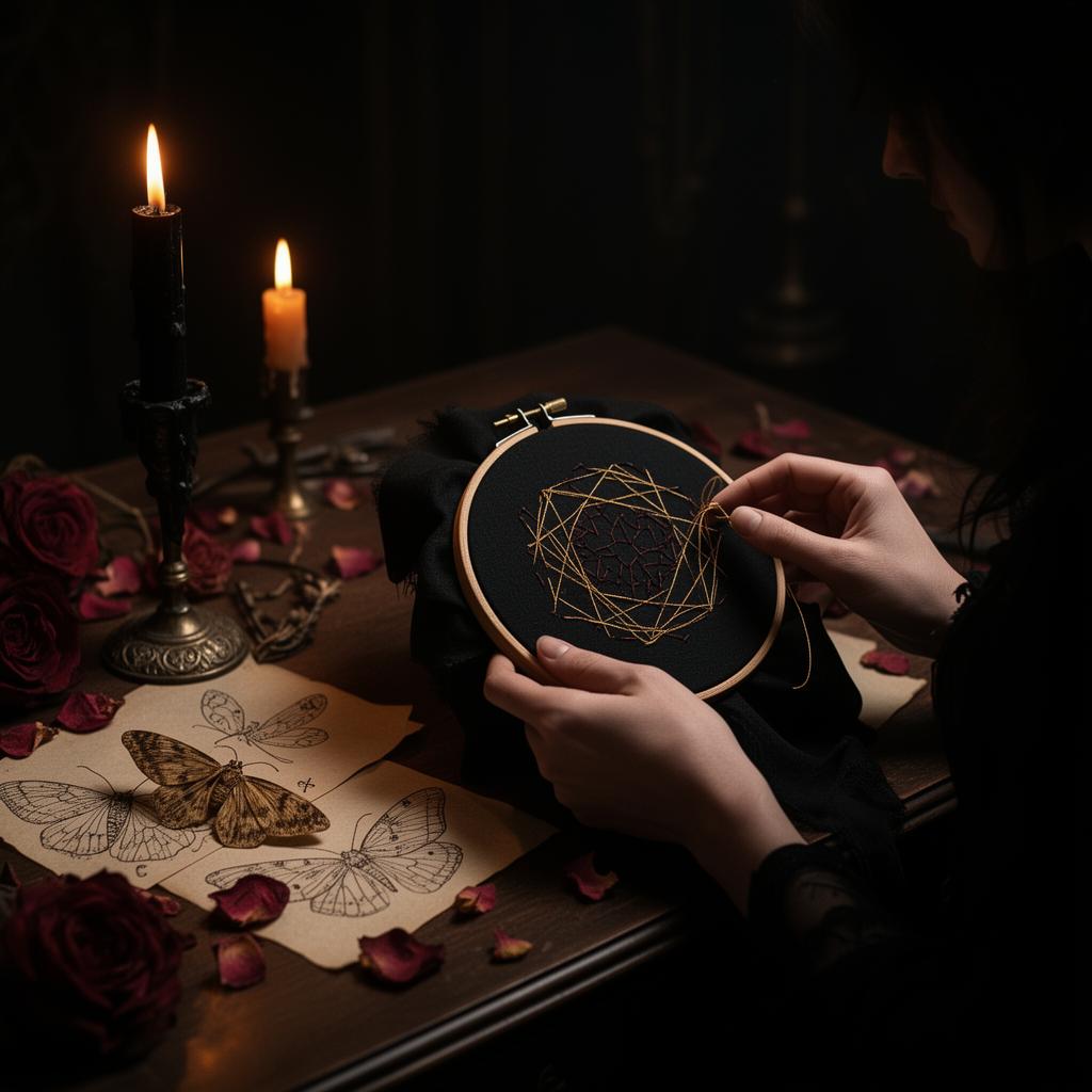 Candlelit gothic stitching ritual with embroidery hoop, black candle, and dried roses